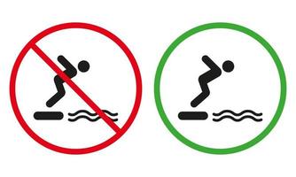 Prohibit Diving Red Stop Symbol. Allowed Diving Water Notice Green Sign. Caution Dive in Pool Pictogram. Information Danger Symbol for Swimmer Black Silhouette Icon. Isolated Vector Illustration.