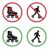 Man in Roller Skate Prohibited Pictogram. Caution Allowed on Rollerskate Green Symbol. No Rollerblading Sign. Permit Entry with Eco Transport Black Silhouette Icon Set. Isolated Vector Illustration.