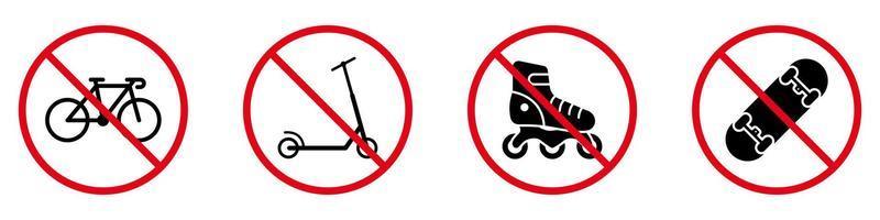 Prohibir el transporte de empuje de ruedas. Prohibición de patines, patines, patinetas, bicicletas, silueta negra, conjunto de iconos. prohibir el pictograma de patines. no se permite la señal de parada roja de bicicleta. ilustración vectorial aislada. vector
