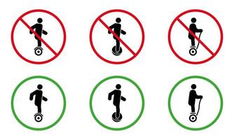 Prohibir el conjunto de pictogramas de giroscooter aerotabla de monociclo eléctrico. prohibir el icono de transporte de peligro. símbolo de tablero flotante de advertencia. no se permite el signo de scooter giroscópico. prohibir monorrueda. ilustración vectorial aislada. vector