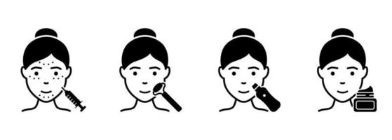 Facial Woman Beauty Procedure Silhouette Icon. Facial Massage with Roller, Injection, Ultrasonic Cleansing Black Pictogram. Girl Face Skin Care Icon. Isolated Vector Illustration.