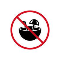 no hay icono de silueta negra de cóctel de coco de verano. Prohibir el paraguas de bebida de coco y el pictograma de paja. zona de prohibición para el símbolo de parada roja de alcohol tropical. prohibir el cartel del bar de la playa. ilustración vectorial aislada. vector