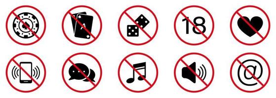 Casino Ban Black Silhouette Icon Set. Forbid Poker Card Blackjack Pictogram. Mute Phone in Casino Red Stop Circle Symbol. No Allowed Gambling Game Sign. Dice Prohibited. Isolated Vector Illustration.