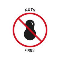 icono negro de silueta libre de nueces. señal de stop roja del producto de frutos secos. símbolo prohibido de cacahuetes. prohibir la alergia alimentaria en el logotipo de maní. no contiene etiqueta de maní. evitar las nueces en los alimentos. ilustración vectorial aislada. vector