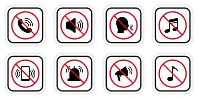 conjunto de iconos de voz de sonido alto prohibido. silencio mudo pictograma de silueta negra. llamar aviso prohibido. prohibición de ruido teléfono altavoz sonido rojo símbolo de parada. icono de modo silencioso. ilustración vectorial aislada. vector