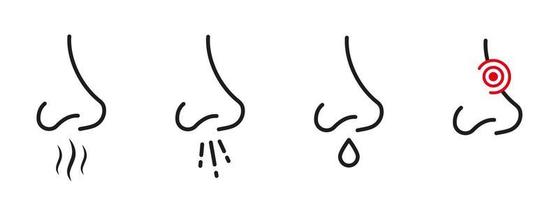 símbolo plano de la enfermedad respiratoria médica nasal. signo de enfermedad de dolor de nariz. conjunto de iconos de línea negra de infección por estornudo nasal. pictograma de contorno de virus enfermo de nariz mocosa alérgica. ilustración vectorial aislada. vector