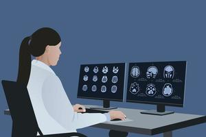 un radiólogo analiza los resultados de la resonancia magnética del cerebro de un paciente en un monitor de computadora. diagnóstico de enfermedades cerebrales en un médico que examina imágenes de resonancia magnética. vector