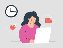 mujer triste revisando los mensajes e interacciones a través de su red social. la niña siente vacío y soledad en internet. fomo o miedo a perderse el concepto. ilustración vectorial vector