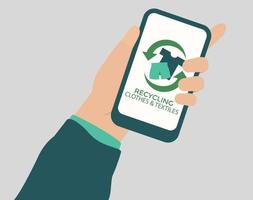 Big hand holds a smartphone with app page of recycle clothing and textile on the mobile screen. Earth day, environment protection, waste recycle management and planet protection concept. Vector stock