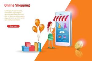 mujer comprando en línea en un teléfono inteligente con una bolsa de compras y una caja de cartón. plantilla, pancarta, afiche para promoción en tienda en línea, comercio electrónico. aislado en fondo naranja.