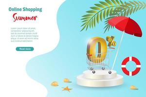 Shopping cart trolley with interest fee promotion in summer sales season. Online shopping web platform, template, poster for marketing and customer money spending concept.