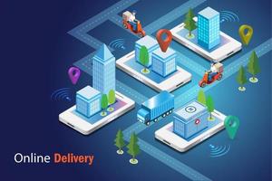 Online delivery service. Delivery man riding scooter in 3D city  building map deliver shipment or foods to customer. Online shopping, e commerce marketing and order delivery system concept. vector