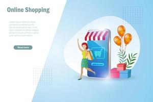 Woman online shopping on smartphone app with Shopping bag and carton box. Template, banner, poster for promotion in online store and e commerce.