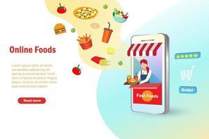 Online food delivery concept. Woman sell fast foods in smartphone mobile booth stall. Food ordering service template, platform, banner for online food advertising. vector