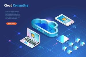 Cloud computing server online connect to smart phone and computer. Digital cloud storage service with data transmission, network connecting technology. Intelligence data storage futuristic background. vector
