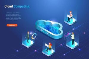 Cloud computing and virtual office, telecommuting. Business team online working using cloud data storage and sharing data on cloud computing server. Global business digital storage network. vector