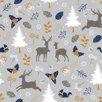 Winter seamless pattern with cute woodland animals on grey background vector
