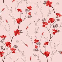 Hand drawn red wild flowers with dragonfly seamless pattern on pastel background vector