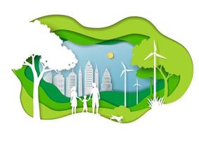 Green eco city with family love nature,paper art landscape in depth layer background vector