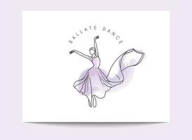 hand drawn minimal line art ballet dancing girl with purple watercolor dress logo template or illustration for dance school dance class dancing studio