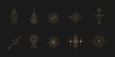 Set of moon and sun line art. Minimal boho linear symbols. Celestial mystic element. Vector line art illustration.