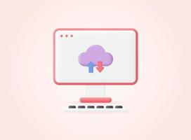 computadora de escritorio con icono de almacenamiento en la nube. Ilustración vectorial 3d. vector