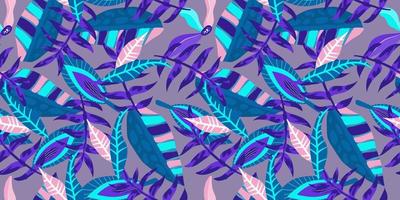 Patrón transparente floral tropical de neón sobre fondo púrpura. neón floral para un diseño de verano brillante. selva tropical en estilo abstracto sobre fondo azul. vector