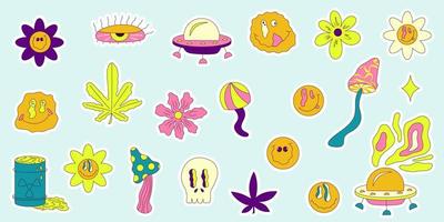 pegatina de sonrisa trippy en estilo pop art y2k sobre fondo colorido. emoji amarillo ilustración vectorial de dibujos animados. hipster trippy sonrisa, flor, ovni y pegatina de cannabis