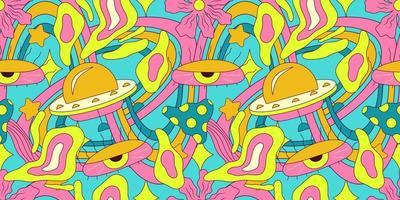 Trippy smile seamless pattern with ufo and eye. Psychedelic hippy groovy print. Good 60s, 70s, mood. Vector trippy crazy illustration. Smile face seamless pattern y2k style.