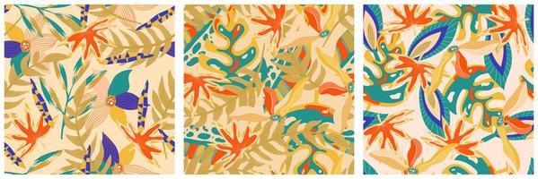 conjunto de patrones sin fisuras de la jungla boho estética para el diseño de impresión. fondo floral tropical de la colección botánica boho. patrón de selva floral exótico moderno. textura geométrica. diseño de impresión. vector