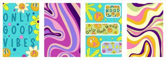 Rave trippy poster set with patches, smile, sticker. Modern retro abstract design. Abstract trippy psychedelic smile pattern.  70s, hippie. Rave psychedelic acid sticker poster. Vector illustration