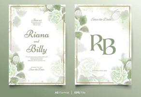 Watercolor wedding invitation template with green flower ornament