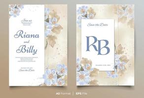 Watercolor wedding invitation template with blue and green flower ornament