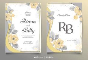 plantilla de invitación de boda de acuarela con adorno de flores amarillas y plateadas vector