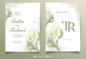 Watercolor wedding invitation template with white and green flower ornament