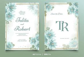 plantilla de invitación de boda de acuarela con adorno de flor azul y verde vector