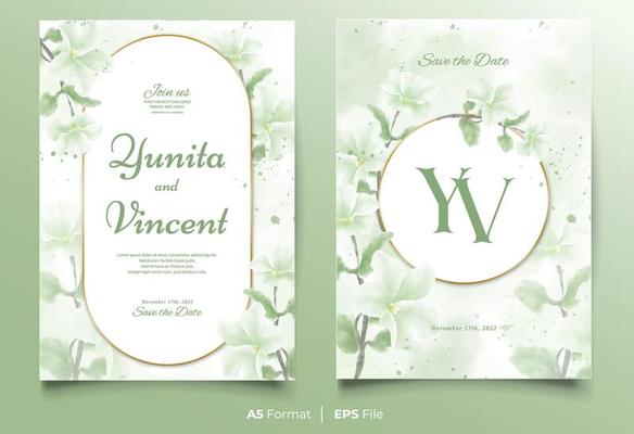 Watercolor wedding invitation template with green flower ornament