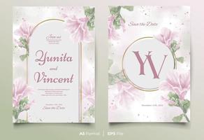 Watercolor wedding invitation template with pink and green flower ornament
