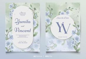 plantilla de invitación de boda de acuarela con adorno de flor azul y verde vector