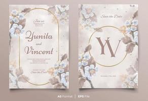 plantilla de invitación de boda de acuarela con adorno de flores azul y marrón vector