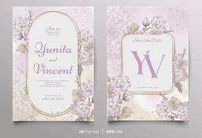 Watercolor wedding invitation template with purple and green flower ornament