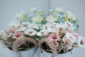 flowers in a pot with pollen reflection in the mirror photo