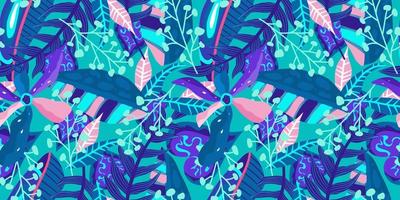 patrón transparente floral tropical de neón sobre fondo azul. neón floral para un diseño de verano brillante. selva tropical en estilo abstracto sobre fondo azul vector