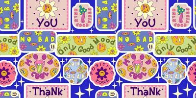 Retro trippy smile sticker seamless pattern for print design. Vector seamless pattern. Trendy psychedelic style. Cartoon trip sticker for wallpaper design
