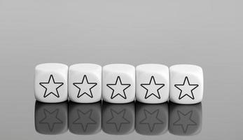 Five stars rating, service feedback, customer review, poll, satisfaction survey concept. White blocks with star icon. Copy space photo