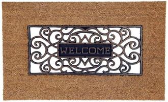 Classic beige and brown zute coir Outdoor Door mat with Welcome text inside multi patterned frames photo