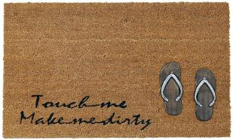 Classic beige and black zute coir Outdoor Door mat with Touch me and Make me dirty text and slippers photo