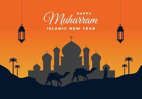 Islamic new year muharram with black lanterns, big mosque and camel vector