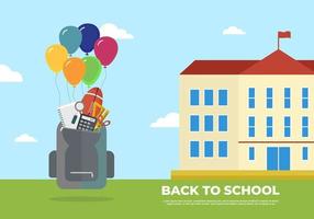 educación de regreso a la escuela edificio escolar y bolsa de globos estacionaria vector
