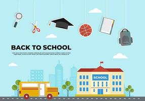 Back to school education school building, bus, basketball, ruler, book
